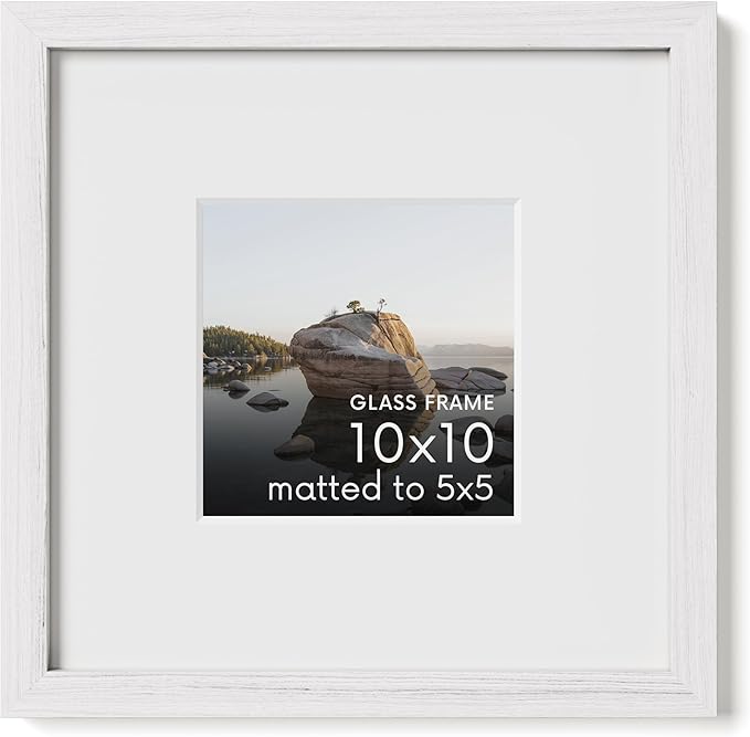 Haus and Hues 10x10 Picture Frame with Real Glass and White American Oak Matted to 5x5 - Oak 10x10 Frame With Mat - Includes Vertical & Horizontal Hang - Ideal for Home, Room, Office (10x10 in, White)