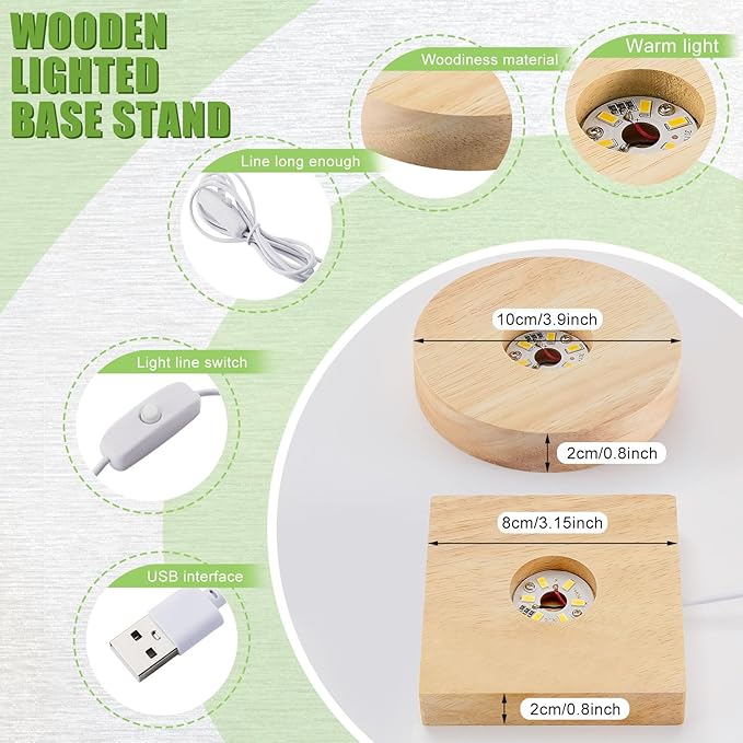 Honoson 8 Pcs Wooden LED Display Base Lighted Base for Crystal Art Wood Display for Glass Art 3D Crystal Warm Light(Round and Square Surface Style)