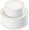 200PCS White Plastic Plates with Gold Rim, Disposable Heavy Duty Plastic Plate, 100 Dinner and 100 Dessert Plates for Party and Wedding