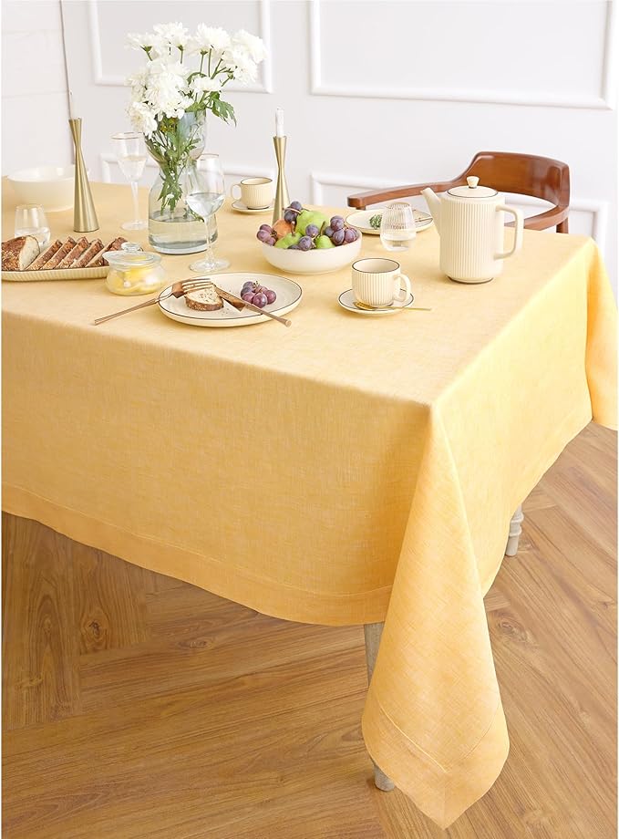 Solino Home Linen Tablecloth 60 x 90 Inch - 100% Pure Linen Chambray Mustard Yellow Table Cloth for Rectangular Tables - Athena, Machine Washable Cloth Tablecloth for Spring, Easter