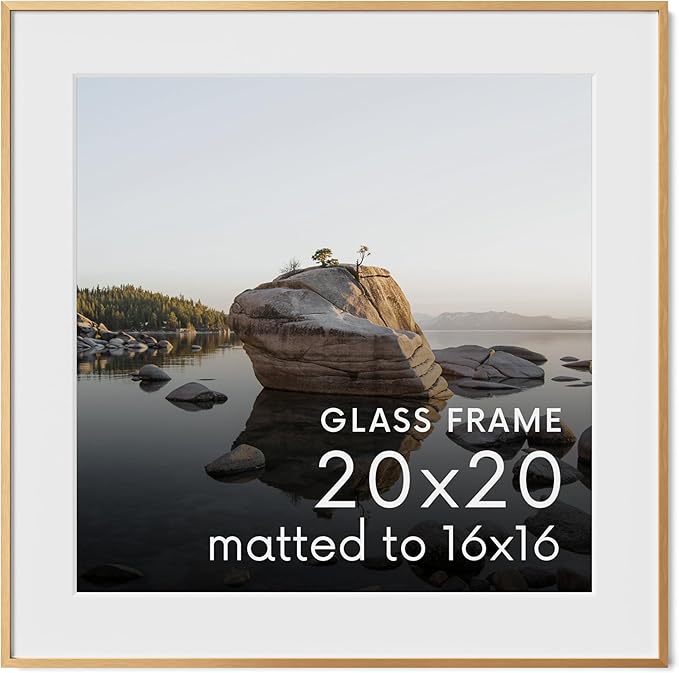HAUS AND HUES 20x20 Picture Frame with Real Glass & Brass Premium-Grade Metal Matted to 16x16 - Aluminum Square Picture Frame - Includes Hanging Kit - Ideal for Home, Office (20x20 in, Brass)