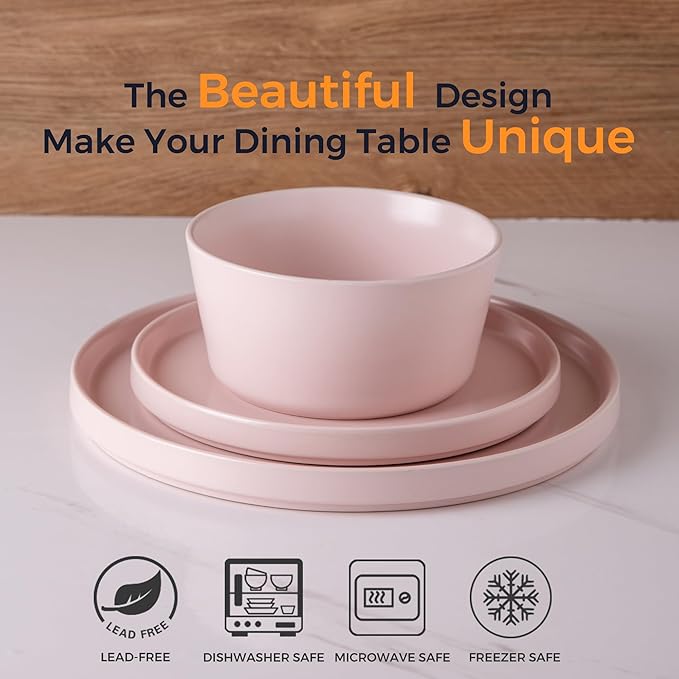AmorArc Ceramic Dinnerware Sets for 4, Modern Flat Stoneware Plates and Bowls Sets,Chip and Crack Resistant | Dishwasher & Microwave Safe Dishes Set,Scratch Resistant- Service for 4 (12pc)-Matte Pink