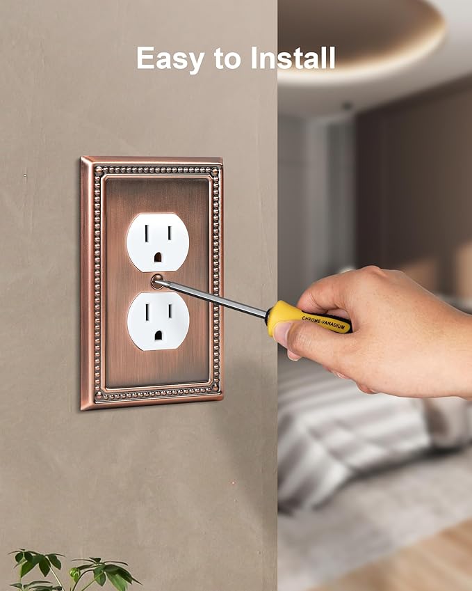 2-Pack Duplex Outlet Cover Plate, Antique Copper Metal Wall Plates for Electrical Outlets, 1 Gang Receptacle Cover, Pearls Decorative Switch Plates and Outlet Covers