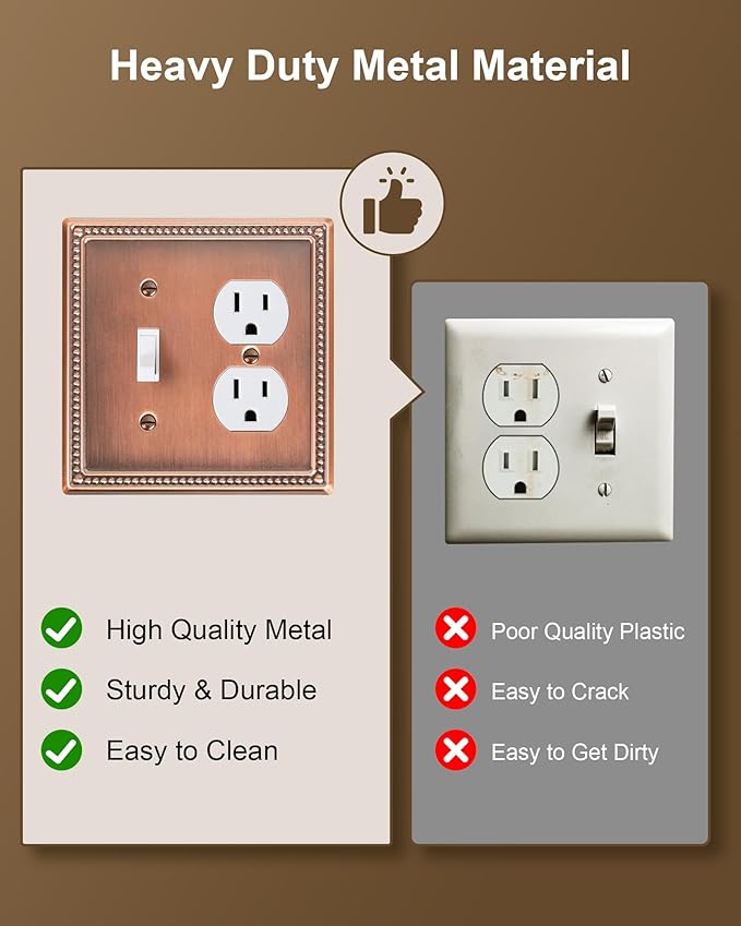 2-Pack Combo Toggle/Duplex Light Switch Cover Plate, Antique Copper Metal Wall Outlet Cover Plate, Decorative Classic Beaded Wall Socket Receptacle Cover for Electrical Outlets, Light Switch