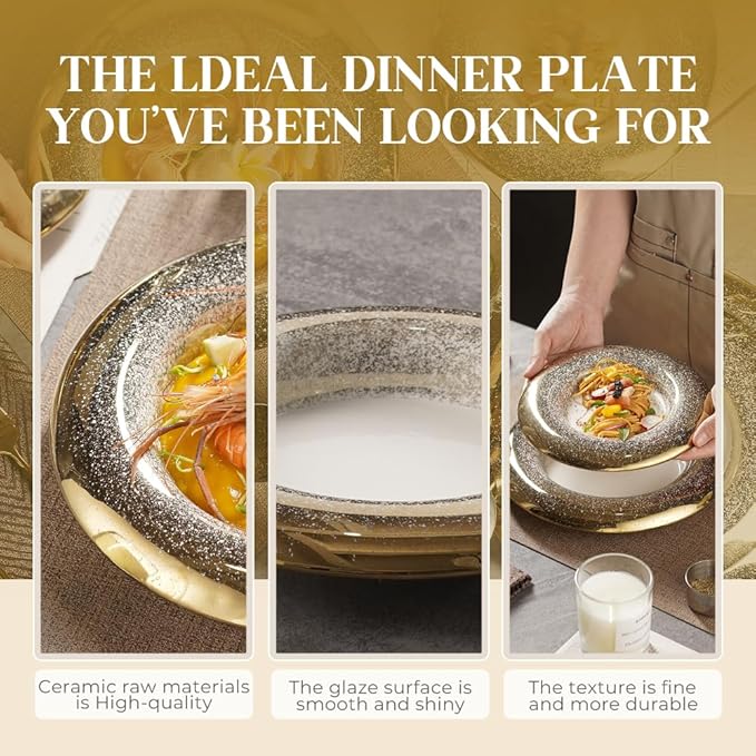 Ceramic Pasta Bowl Plates Set - Ballet Design with Gradient Gold Finish, Dinner Plates for Salad, Pasta & Sushi, Dishwasher Safe, Restaurant & Home Dinnerware