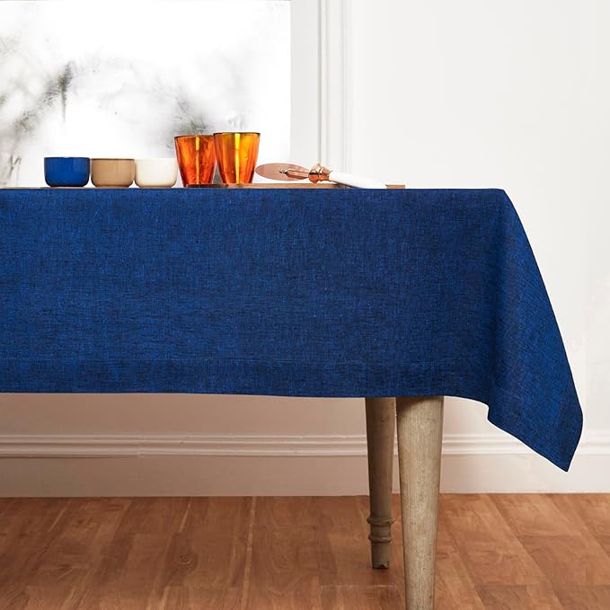 Solino Home Linen Tablecloth 60 x 108 Inch - 100% Pure Linen Royal Blue Table Cloth for Rectangular Tables - Athena, Machine Washable Cloth Tablecloth