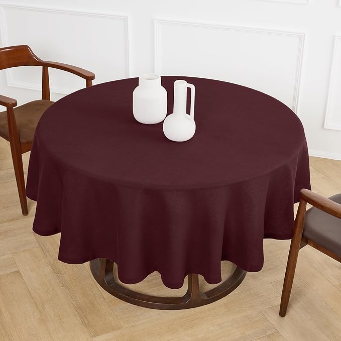 Solino Home Linen 60 Inch Round Tablecloth - 100% Pure Linen Burgundy Round Tablecloth - Machine Washable Table Cloth for Valentines - Sonoma