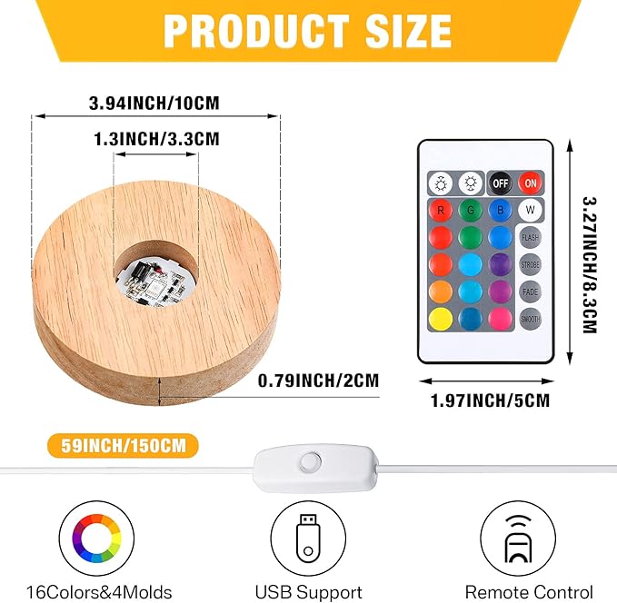 2 Pcs Light LED Base Wood LED Display Base for Glass Art Valentine Decor Crystal Acrylic Resin, 16 Colored USB Light with Remote Wooden Round Lamp Stand for 3D Crystal Ball Room Home Decor(Wood Color)