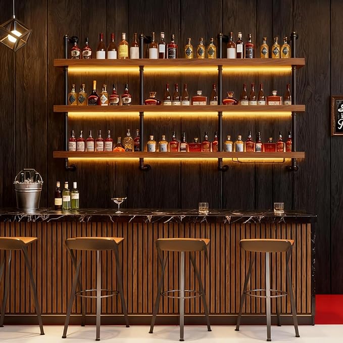 70.8in Large Wine Rack with LED Light Solid Wood Wall Mounted Wine Rack, 3-Tiers Liquor Bottles Floating Shelves Display Storage Organizer for Home Bar & Dining Room (180cm/70.8in)
