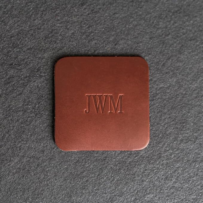 Ox & Pine Personalized Leather Coaster - Sold Individually or in Sets of 4 - Customize Inscription - 100% Full-Grain Leather – 4" Round or 4" Square (Square, Black, 1 Individual Coaster)