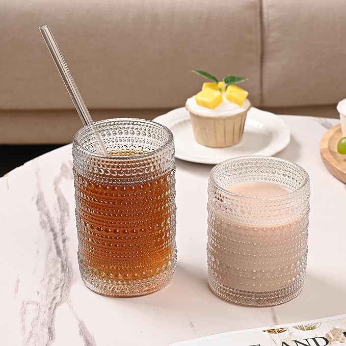 Vintage Hobnail Drinking Glasses Set of 8,Clear 12 oz & 15oz Highball Glass Cups, Kitchen Drinkware Glassware,Embossed Water Tumbler,for Beer,Cocktail,Whiskey,Juice and Various Mixed Drinks