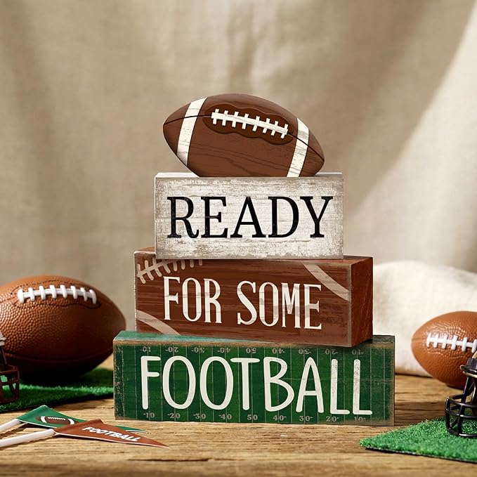 4pcs Football Christmas Table Decoration Happy Football Wooden Block Sign Rugby Tiered Tray Decor Centerpiece Decorative Faux Book Stack for Holiday Tabletop Fireplace Shelf Desk Party Decor