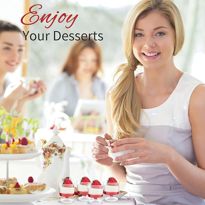 Zezzxu 2 oz Mini Dessert Cups with Spoons, 100 Pack Disposable Appetizer Cup Mousse Cups Small Plastic Wine Glasses for Serving Individual Pudding Shots, Cocktail, Trifle
