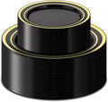BESTSTAR 100PCS Black Plastic Plates Set with Gold Rim, 50 10.25 inch Dinner Plates and 50 7.5 inch Dessert Plates, Premium Disposable Plates forfor Party, Wedding, Holiday,And Halloween