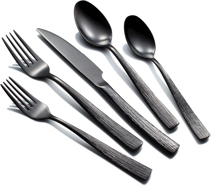 20-Piece Black Silverware Set for 4, CITESANA Heavy Duty Stainless Steel Flatware Set with Ripple Handles, Mirror Polished Kitchen Cutlery Set
