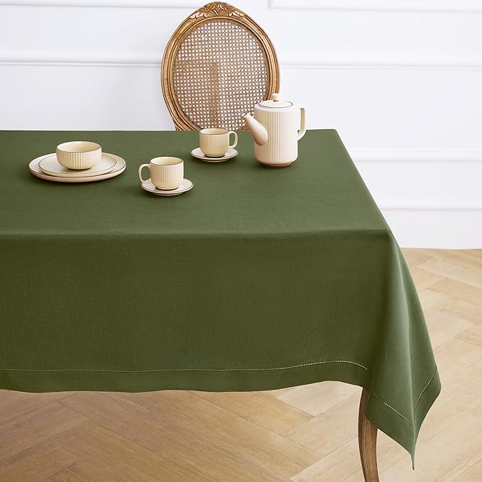 Solino Home Olive Linen Tablecloth 60 x 144 Inch - 100% Pure Linen Classic Hemstitch Table Cloth for Rectangle Tables - Machine Washable Tablecloth for Wedding, Parties, St Patricks Day