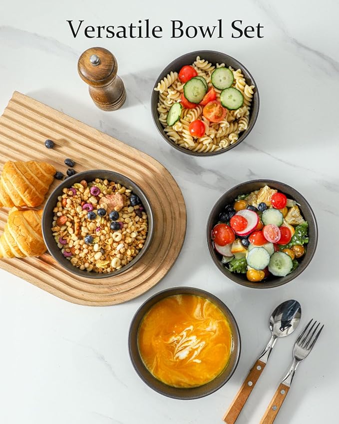 Cereal Bowls, 24 oz Soup Bowls Set of 4, Ceramic Bowls Set for Salad, Fruit, Breakfast, Dessert, Stoneware Bowls for Kitchen, Dishwasher & Microwave Safe, Matte Black