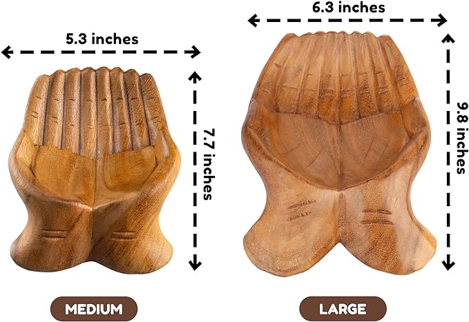 Curawood Carved Hands Offering Bowl - Crystal Holder for Stones, Rock Collection Holder, Crystal Display Storage Tray, Wooden Hands Bowl for Keys - Rock Display Case for Shelf, Stand, Altar Decor (M)
