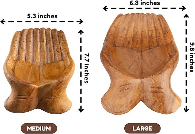 Curawood Carved Hands Offering Bowl - Crystal Holder for Stones, Rock Collection Holder, Crystal Display Storage Tray, Wooden Hands Bowl for Keys - Rock Display Case for Shelf, Stand, Altar Decor (L)