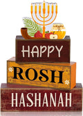 4 Pcs Rosh Hashanah Tables Decorations Happy Rosh Hashanah Wooden Tabletop Jewish New Year Party Decorations Rustic Block Centerpieces Sign for Gift Crafts Home Desk Shelf Shana Supplies
