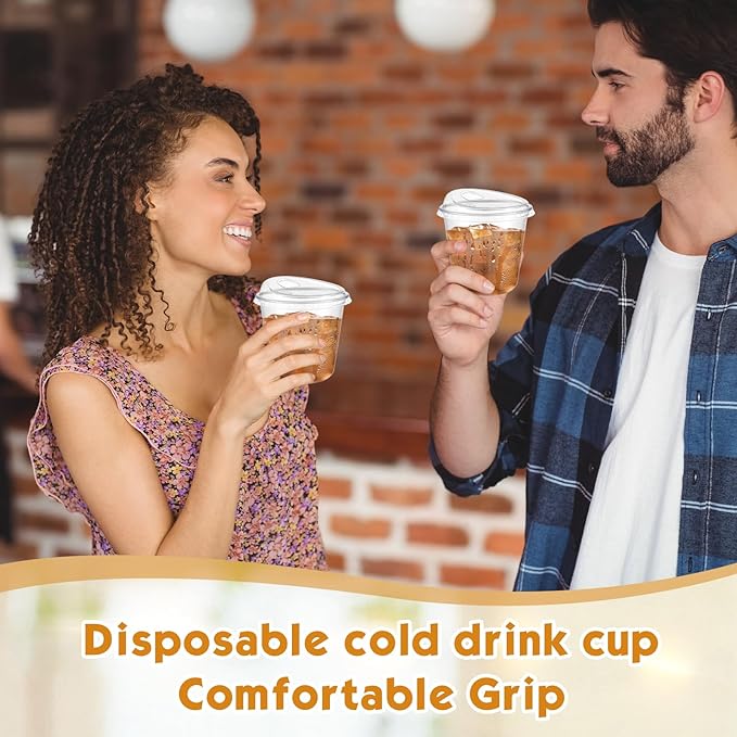 Baderke 100 Pcs Plastic Cups with Sip Lids Round Bottom Disposable Plastic Coffee Cups with Lids Clear Strawless Crystal Mugs for Iced Coffee Smoothie Cold Beverage Party Catering Supplies (10 oz)