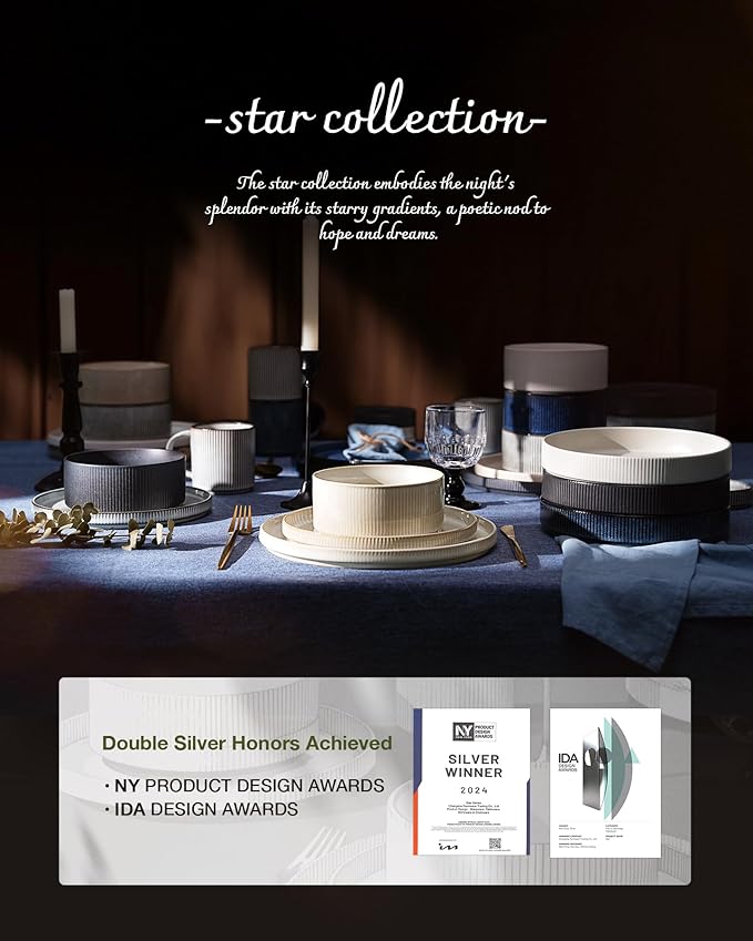 Famiware Star Dinnerware Set, Plates and Bowls Sets for 8 (24pcs), Ribbed Stoneware Dishes - Chip & Scratch Resistant, Microwave & Dishwasher Safe, Multicolor - Matte White & Matte Dark Charcoal