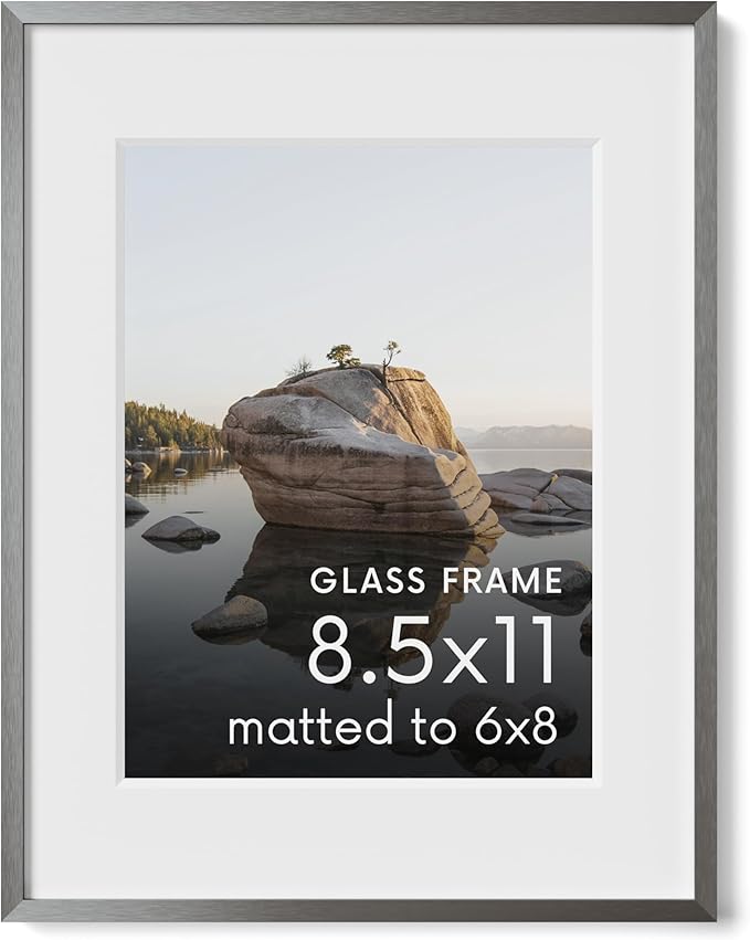 HAUS AND HUES 8.5x11 Picture Frame with Real Glass & Gray Premium-Grade Metal Matted to 6x8 - Aluminum 8.5 by 11 picture frame - Includes Hanging Kit - Ideal for Home, Office (8.5x11 in, Gray)