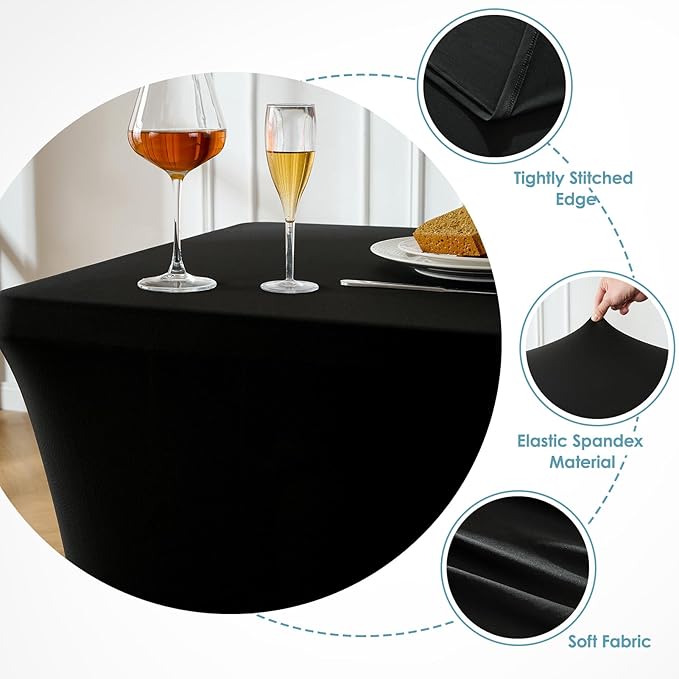 VidaFete Spandex Tablecloth 2 Pack 4FT, Fitted Stretch Table Cover for Rectangle Tables, Wrinkle Resistant and Washable Tablecloths for Outdoor, Picnic, Party, Wedding, Banquet, Birthday, Black