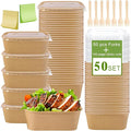 50-Pack 26oz Kraft Paper Bowls Disposable with Lids and Wooden Forks, Disposable Meal Prep Containers Paper Food Prep Containers with Lids, To Go Container for Hot Soup/Salad, Freezer & Microwave Safe