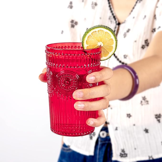 Ciaell 12 Pack Romantic Plastic Water Glasses - 14 Oz Red Vintage Drinking Glasses, Embossed Ribbed Plastic Cups, Textured Striped Set for Juice, Beverages, Beer, Cocktail & Valentine's Day