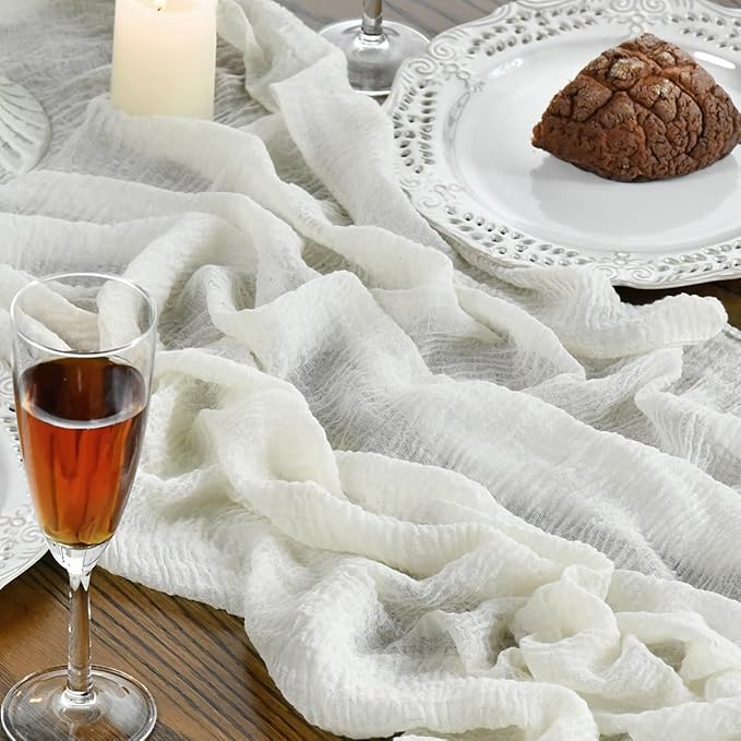 Artoid Mode Boho Milk White Gauze 3 Pieces Wedding Table Runner, 120 Inch Birthday Fabric Kitchen Dining Holiday Table Decor for Home Party Indoor