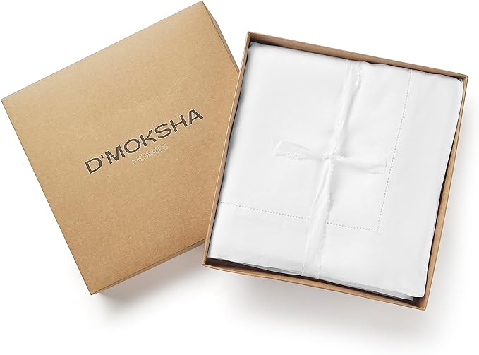 D'Moksha Homes White Linen Tablecloth for Rectangle Tables 60 x 132 Inch - 100% Pure Linen White Table Cloth - Classic Hemstitch, Machine Washable Dining Tablecloth for Valentines, Spring, Easter