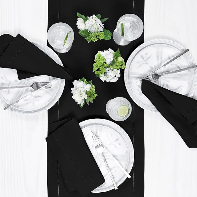 Solino Home Linen Black Table Runner 36 Inches - Classic Hemstitch, 100% Pure Linen Coffee Table Runner 14 x 36 Inch Ideal for Dresser Tables - Winter, Spring, Easter