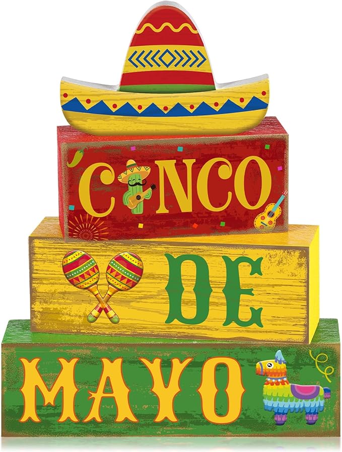 4 Pcs Cinco De Mayo Decorations Wooden Mexican Table Farmhouse Cinco De Mayo Tiered Tray Decor Fiesta Stacked Blocks Tabletop Decorative Book Mexican Centerpieces for Carnival Shelf Home