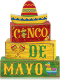 4 Pcs Cinco De Mayo Decorations Wooden Mexican Table Farmhouse Cinco De Mayo Tiered Tray Decor Fiesta Stacked Blocks Tabletop Decorative Book Mexican Centerpieces for Carnival Shelf Home