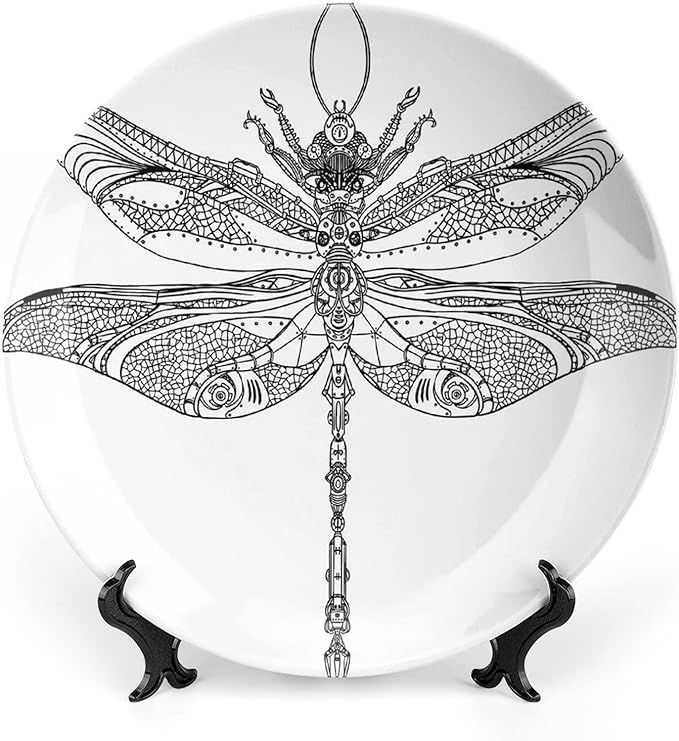 Ceramic Plates, Abstract Decorative Ceramic Plates, Animal Steampunk Dragonfly Pattern, 8 Inch, for Dining, Parties, Wedding, Black White