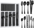 53PCS Silverware Set for 8 with Flatware Drawer Organizer, Stainless Steel Cutlery Set with Steak Knives, Include Spoons and Forks Set & Serving Utensils, Mirror Polished, Black