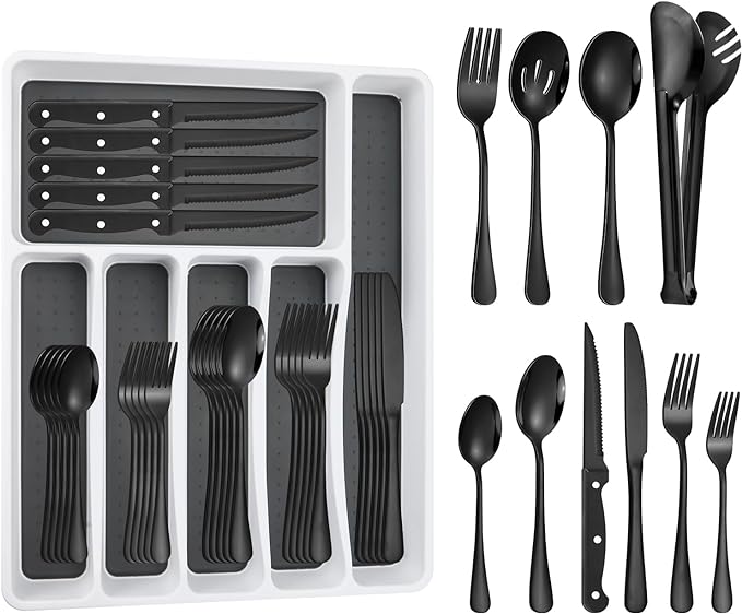 53PCS Silverware Set for 8 with Flatware Drawer Organizer, Stainless Steel Cutlery Set with Steak Knives, Include Spoons and Forks Set & Serving Utensils, Mirror Polished, Black