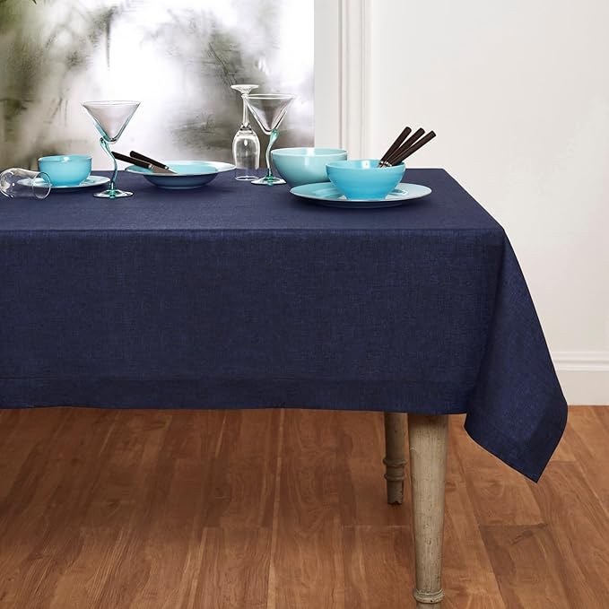 Solino Home Linen Tablecloth 60 x 120 Inch - 100% Pure Linen Chambray Navy Table Cloth for Rectangular Tables - Athena, Machine Washable Cloth Tablecloth for Winter, Spring