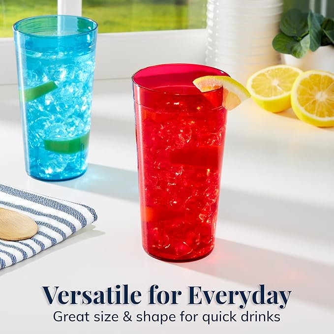 US Acrylic Cafe Plastic Reusable Tumblers (Set of 16) 20-ounce Water Cups Assorted Colors | Restaurant Style Drinking Glasses Value Set, Stackable, BPA-free, Made in the USA | Top-rack Dishwasher Safe
