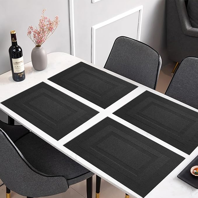 PIGCHCY Placemats,Washable Woven Vinyl Durable Placemats for Dining Table,Easy to Clean Plastic Placemats Set of 6 (18 x 12 inches, Pure Black)