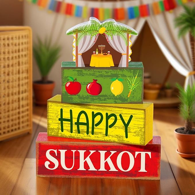 4 Pcs Happy Sukkot Table Decorations Sukkot Centerpieces for Tables Wooden Tabletop Party Decorations Rustic Block Sign for Tiered Tray Shelf Office Jewish Holiday Celebration Supplies