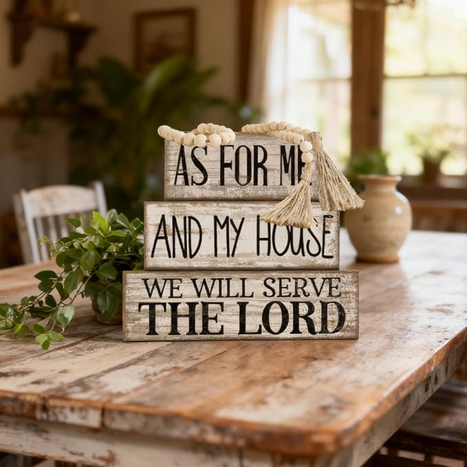 4 Pcs Farmhouse Bible Verse Decor Farmhouse Tiered Tray Decor Rustic Retro Wood Bead Garlands for Me and My House We Will Serve the Lord Block Christian Jesus Sign for Home Shelf Mantel
