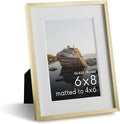 HAUS AND HUES 6x8 Picture Frame with Real Glass & Gold Premium-Grade Metal Matted to 4x6 - Aluminum 6x8 Picture Frame - Includes Easel Back, Hanging Kit - Ideal for Home, Office (6x8 in, Gold)