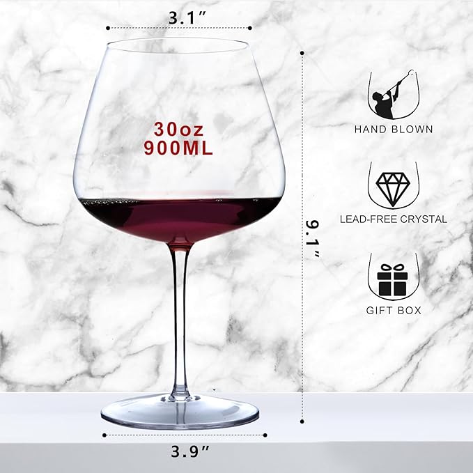 Super Large 30OZ Wine Glasses-Hand Blown Crystal Giant Wine Glasses, Big Burgundy Glasses Oversized, Red White Wine,Luxury, Elegant, Ideal Gift for Women,Men,Christmas,Anniversary,Birthday (Pack of 4)