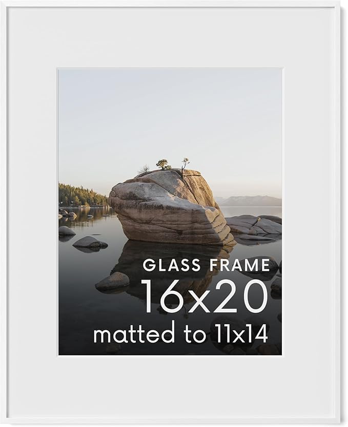 HAUS AND HUES 16x20 White Metal Picture Frame with Real Glass, Matted 11x14, Aluminum Wall Display with Hanging Kit for Home Office