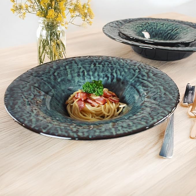 Ceramic Pasta Bowls, 22.2 oz Pasta Plates, Reactive Glaze Pasta Bowl Set of 4, Large Wide Serving Bowls for Salad, Dessert, Fruit, Microwave & Dishwasher, Oven Safe
