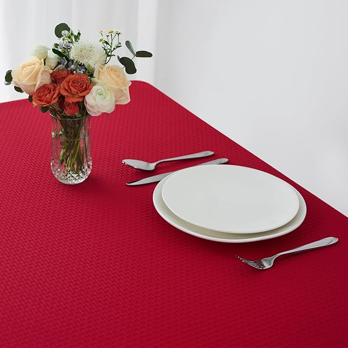 maxmill Rectangle Tablecloth Weaved Design Water Resistant Wrinkle Free Spill-Proof Soft Table Cloth for Dining Room Decoration, Banquet, Christmas Holiday Dinner, 52 x 108 Inch, Red