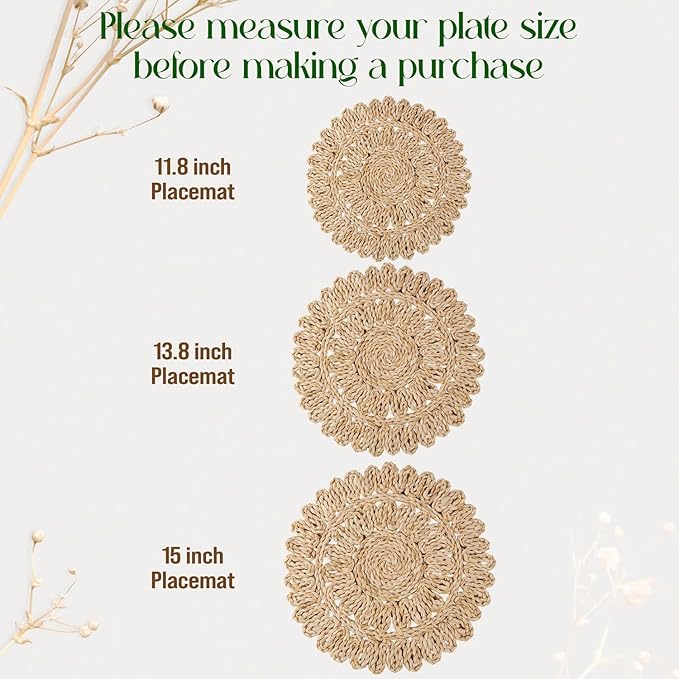 11.8" Corn Husk Woven Round Placemats Set of 4 - Wicker Boho Farmhouse Placemats - Rattan Table Mats Like Water Hyacinth for Dining Table, Wedding, Home