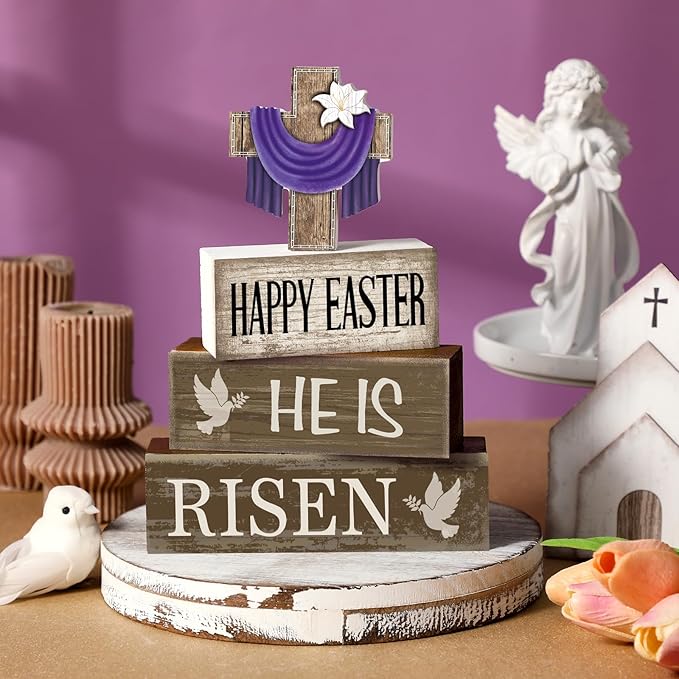 4 Pcs Easter Decorations He Is Risen Wooden Sign Christian Table Centerpiece Religious Cross Tiered Tray Decor Decorative Faux Book Stack Block for Table Fireplace Mantel Floating Shelf